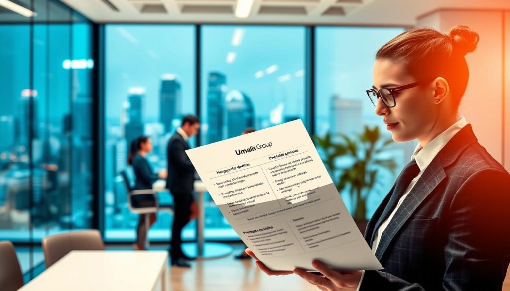 A well-lit corporate office interior, with a large window overlooking a vibrant cityscape. In the foreground, a smartly dressed employee, part of the Umalis Group, reviewing a document highlighting the various employee benefits and perks available to "salariés portés", including health insurance, retirement plans, and professional development opportunities. The middle ground features other employees engaged in collaborative work, exemplifying the supportive work environment. The background showcases the modern, well-appointed office space, conveying a sense of professionalism and growth. The overall mood is one of productivity, opportunity, and the advantages of the "portage salarial" employment model.