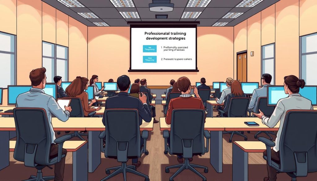 A well-lit corporate training room with rows of modern workstations and ergonomic chairs. Professionals engage in a lively discussion, some taking notes, others gesturing animatedly. Overhead, a large projection screen displays a presentation on professional development strategies. The room has an atmosphere of focused collaboration, with warm lighting and neutral-toned furnishings creating a welcoming, productive environment. A sense of progress and growth permeates the scene, capturing the essence of workplace training programs.