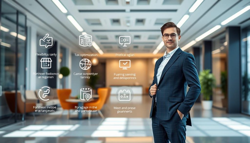A well-lit, crisp image showcasing the advantages of Umalis Group's consultancy services. In the foreground, a professional consultant in a smart, tailored suit stands confidently, representing the empowered and independent nature of the portage salarial model. In the middle ground, a series of icons and graphical elements illustrate the key benefits, such as flexibility, tax optimization, and access to a supportive network. The background features a sleek, modern office environment, conveying the professional, elevated nature of the Umalis Group's offerings. The overall scene exudes a sense of sophistication, success, and the progressive nature of the portage salarial approach.