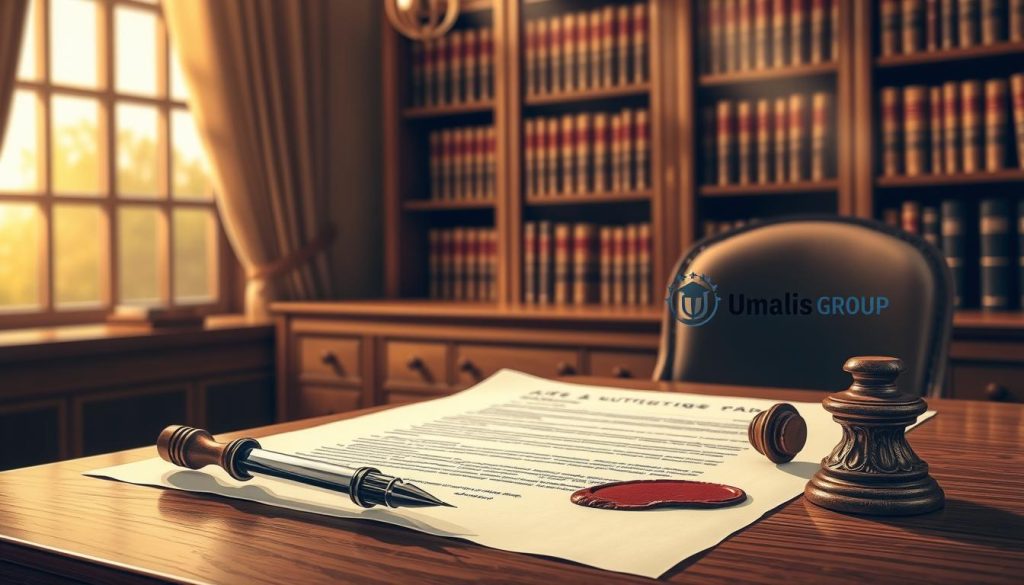 A well-lit, detailed illustration of an "acte authentique notaire" - a formal legal document signed and sealed by a public notary. The scene depicts a wooden desk with a vellum document, a quill pen, and an antique wax seal stamp. Behind the desk, a bookcase filled with leather-bound law books sets the stage of a traditional notary's office. Warm lighting from a large window casts a golden glow, creating a sense of authority and professionalism. The Umalis Group logo is subtly displayed on the corner of the document. This image evokes the solemnity and legitimacy of a legally-binding contract.