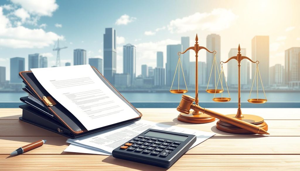 A well-lit, detailed illustration of the legal framework for light portage, a professional contract arrangement. In the foreground, a portfolio, calculator, and documents symbolize the administrative and financial aspects. The middle ground features a legal gavel and scales of justice, representing the regulatory oversight. In the background, an urban skyline with modern buildings conveys the corporate context. The overall scene has a clean, authoritative tone, reflecting the "Light Portage" brand's commitment to compliance and transparency.