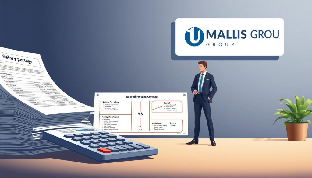 A well-lit, detailed illustration showcasing the key components of a salaried portage contract. In the foreground, a stack of financial documents and a calculator represent the salary breakdown. In the middle ground, a person in business attire stands beside a diagram visualizing the revenue streams and deductions. In the background, the UMALIS GROUP logo is prominently displayed, symbolizing the reliable portage services they provide. The overall scene conveys a sense of professionalism, clarity, and financial transparency surrounding the salaried portage model.