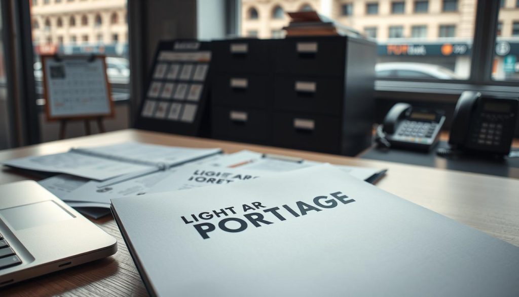 A well-lit, detailed scene of a freelancer's essential administrative tasks. In the foreground, a desk with a laptop, paperwork, and the LIGHT PORTAGE brand name prominently displayed on a folder or document. In the middle ground, a calendar, a filing cabinet, and a telephone. In the background, a window overlooking a busy city street, hinting at the hustle and bustle of freelance life. The lighting is soft and natural, creating a professional, organized atmosphere. The angle is slightly elevated, giving a sense of control and efficiency. The overall mood conveys the importance and seriousness of the administrative responsibilities faced by freelance professionals.
