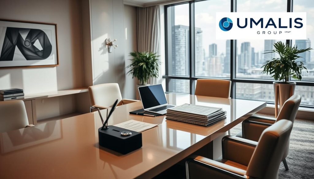 A well-lit, elegant office interior with a large desk, comfortable chairs, and modern decor. On the desk, a laptop, a pen holder, and a stack of documents representing the "Avantages du Portage Salarial". In the background, a window overlooking a cityscape, hinting at the professional opportunities offered by the "Portage Salarial" service. The overall atmosphere is professional, productive, and aspirational. In the corner, the Umalis Group logo is prominently displayed, signifying the provider of this career-enhancing solution.