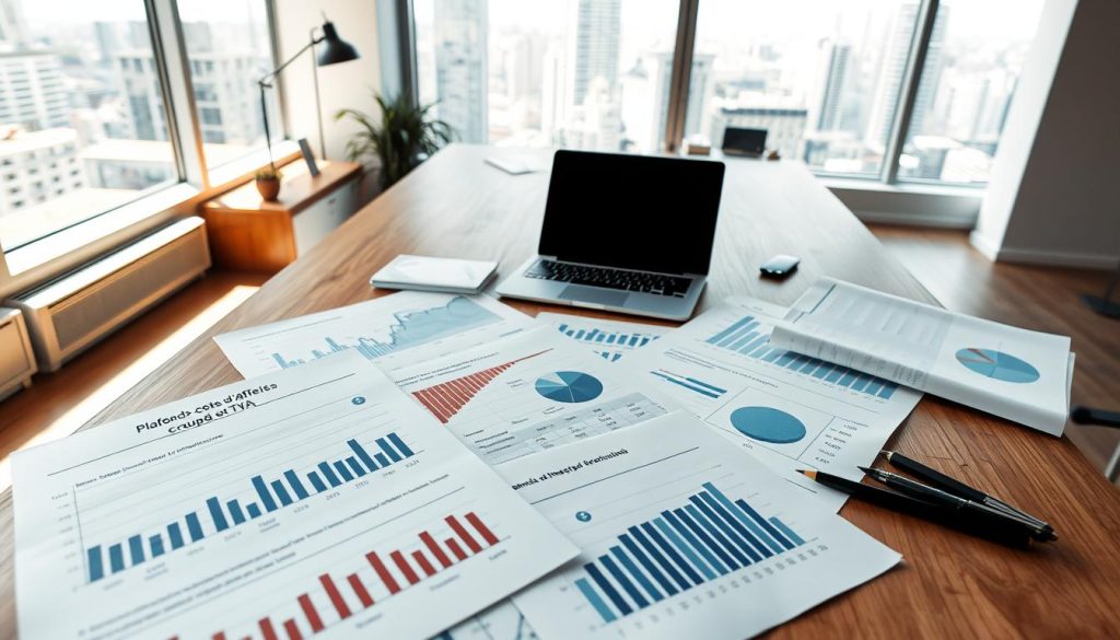 A well-lit, high-angle view of a clean, minimalist office workspace with a large wooden desk and a laptop computer. In the foreground, various financial documents and spreadsheets are neatly arranged, including graphs and charts depicting "Plafonds, chiffre d'affaires et TVA" for the Umalis Group. The background features a large window with a cityscape view, creating a sense of professionalism and productivity. The overall mood is one of organization, efficiency, and attention to financial details. A well-lit, high-angle view of a clean, minimalist office workspace with a large wooden desk and a laptop computer. In the foreground, various financial documents and spreadsheets are neatly arranged, including graphs and charts depicting "Plafonds, chiffre d'affaires et TVA" for the Umalis Group. The background features a large window with a cityscape view, creating a sense of professionalism and productivity. The overall mood is one of organization, efficiency, and attention to financial details.