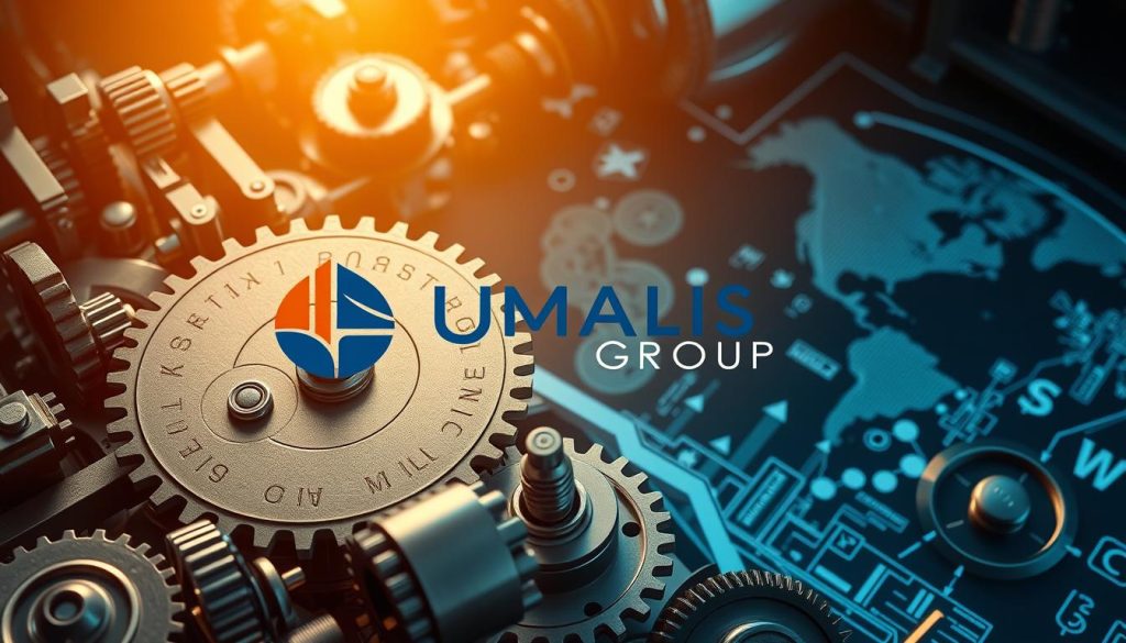 A well-lit, high-angle view of a complex international payroll mechanism, featuring the UMALIS GROUP logo prominently displayed. The foreground showcases a intricate system of gears, levers, and pulleys, representing the interconnected processes of international employee compensation management. The middle ground depicts a global network of financial transactions, with currency symbols and data visualizations. In the background, a stylized world map subtly indicates the worldwide scope of the system. The overall scene conveys a sense of precision, efficiency, and technological prowess in the realm of international payroll services.
