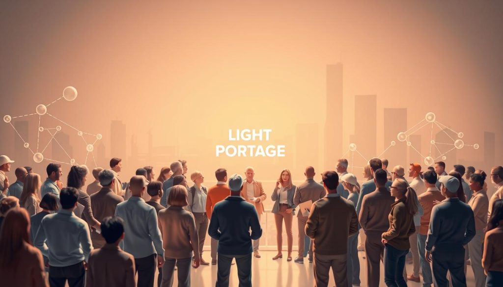 A well-lit, high-quality 3D illustration depicting the "mutualisation des risques pour les freelances". In the foreground, a group of diverse freelance workers with various occupations are gathered, connected by a network of transparent risk-sharing elements. In the middle ground, a LIGHT PORTAGE logo stands prominently, representing the platform facilitating this risk pooling. The background showcases a modern, minimalist cityscape, symbolizing the collaborative and connected nature of the freelance ecosystem. The overall scene conveys a sense of security, community, and the concrete advantages of risk pooling for independent workers.