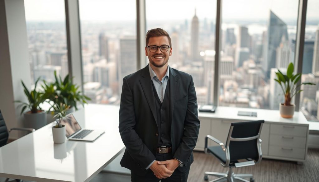 A well-lit, high-quality photograph of a modern office setting, showcasing the key advantages of LIGHT PORTAGE's salaried employment solutions. In the foreground, a smiling professional stands confidently, conveying a sense of flexibility and work-life balance. The middle ground features a sleek, minimalist desk setup with a laptop, stationery, and a potted plant, symbolizing the autonomy and productivity enabled by LIGHT PORTAGE's services. The background depicts a panoramic view of a bustling city skyline, suggesting the opportunities for career growth and networking that LIGHT PORTAGE provides. The overall scene radiates a sense of professionalism, efficiency, and the empowerment of salaried employees.