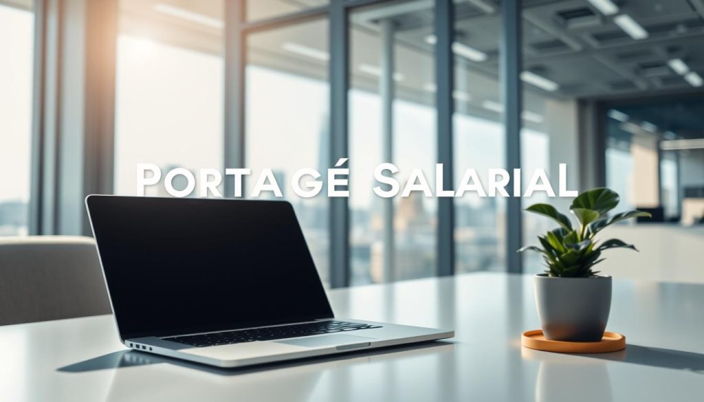 A well-lit, high-quality photograph of a modern office workspace, featuring a sleek, minimalist desk with a laptop, potted plant, and a stylized icon or graphic representing the key advantages of the "Portage Salarial" professional model. The foreground showcases the central elements, while the background subtly suggests a bright, airy atmosphere with a blurred view of the city skyline outside the window. The overall mood is one of professionalism, efficiency, and the benefits of this emerging career path, capturing the essence of the "Portage Salarial" concept.