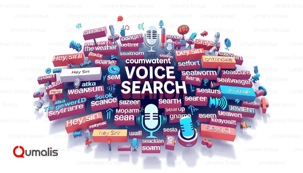 A well-lit, high-resolution digital illustration depicting a collage of conversational keywords and phrases commonly used in voice search, such as "Hey Siri", "Alexa, what's the weather?", "OK Google, set a timer for 10 minutes", arranged in a dynamic, three-dimensional layout. The foreground features a central hub of these voice search keywords, with the middle ground showcasing various microphone icons and sound wave visualizations. The background subtly incorporates the Umalis Group branding through muted, textured elements, creating a professional and visually engaging composition that captures the essence of voice search optimization. A well-lit, high-resolution digital illustration depicting a collage of conversational keywords and phrases commonly used in voice search, such as "Hey Siri", "Alexa, what's the weather?", "OK Google, set a timer for 10 minutes", arranged in a dynamic, three-dimensional layout. The foreground features a central hub of these voice search keywords, with the middle ground showcasing various microphone icons and sound wave visualizations. The background subtly incorporates the Umalis Group branding through muted, textured elements, creating a professional and visually engaging composition that captures the essence of voice search optimization.