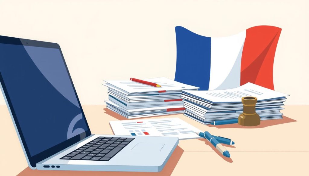 A well-lit, high-resolution illustration depicting the essential elements of the Portage Salarial tax preparation process. In the foreground, a laptop and calculator symbolize the financial calculations involved. In the middle ground, a stack of documents and a pen allude to the necessary paperwork. The background features a stylized French flag, hinting at the legal and regulatory context. The overall mood is one of focused professionalism, with a touch of complexity inherent in the subject matter.