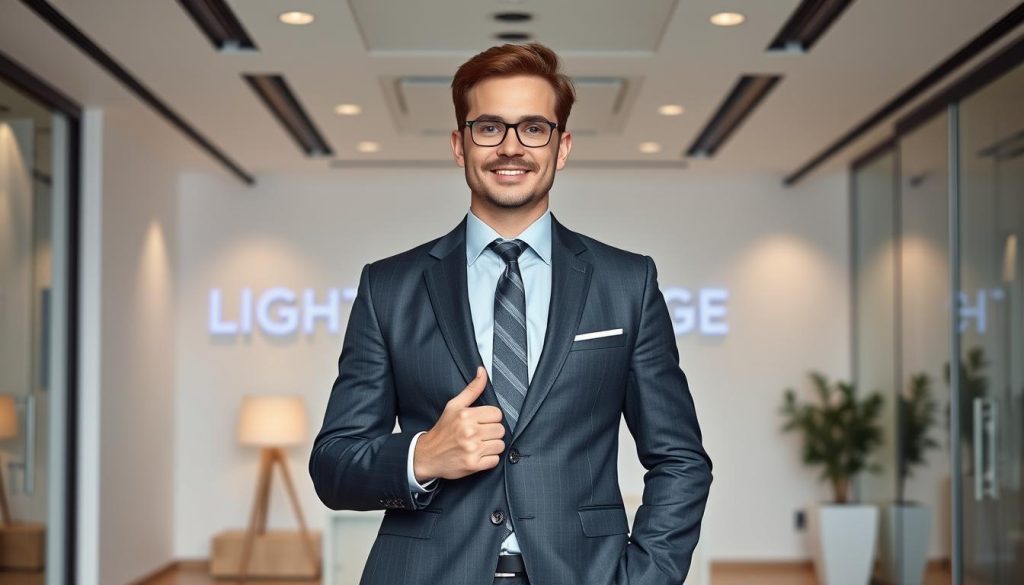A well-lit, high-resolution image of a confident professional in a sharp suit, standing in a modern, minimalist office space, surrounded by the LIGHT PORTAGE brand logo and design elements. The subject's posture and expression convey a sense of authority, expertise, and job security. The background features clean lines, neutral tones, and subtle patterns, creating a sleek, sophisticated atmosphere that complements the subject's personal brand. The lighting is soft and directional, highlighting the subject's features and creating a sense of depth and dimension.