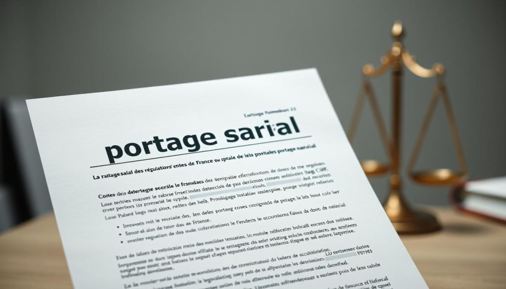 A well-lit, high-resolution image of a legal document representing the legal framework of the "portage salarial" system in France. The document is shown in the foreground, with a neutral, professional-looking background that suggests an office or legal setting. The document is displayed in a way that clearly showcases the key details and structure of the legal regulations governing "portage salarial". The lighting is soft and even, creating a sense of clarity and authority. The camera angle is slightly elevated, giving the viewer a sense of the importance and significance of the legal framework.