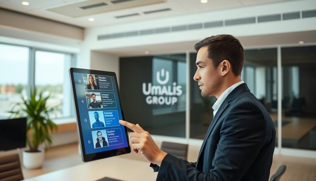 A well-lit, high-resolution image of a person evaluating various mission options on a touchscreen interface. The scene depicts a modern, minimalist office setting with clean lines and neutral tones. The user is dressed in professional attire, their face focused and engaged as they carefully consider the different missions displayed on the screen. In the background, the Umalis Group logo is prominently featured, conveying the brand's association with this selection process. The overall atmosphere is one of thoughtfulness, diligence, and the pursuit of the ideal career opportunity.