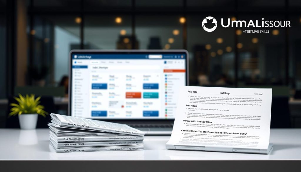 A well-lit, high-resolution image of job listings skills, showcasing a clean and modern design. In the foreground, a stack of digital job listings on a minimalist desk, with various skills and qualifications highlighted in the text. The middle ground features a laptop or tablet displaying an array of job search filters and categories, conveying the idea of personalized job matching. In the background, a blurred cityscape or office setting, subtly suggesting the professional context. The Umalis Group logo is tastefully incorporated into the scene, providing a subtle branding element. The overall atmosphere is one of organization, efficiency, and a focus on matching the right skills to the right opportunities.