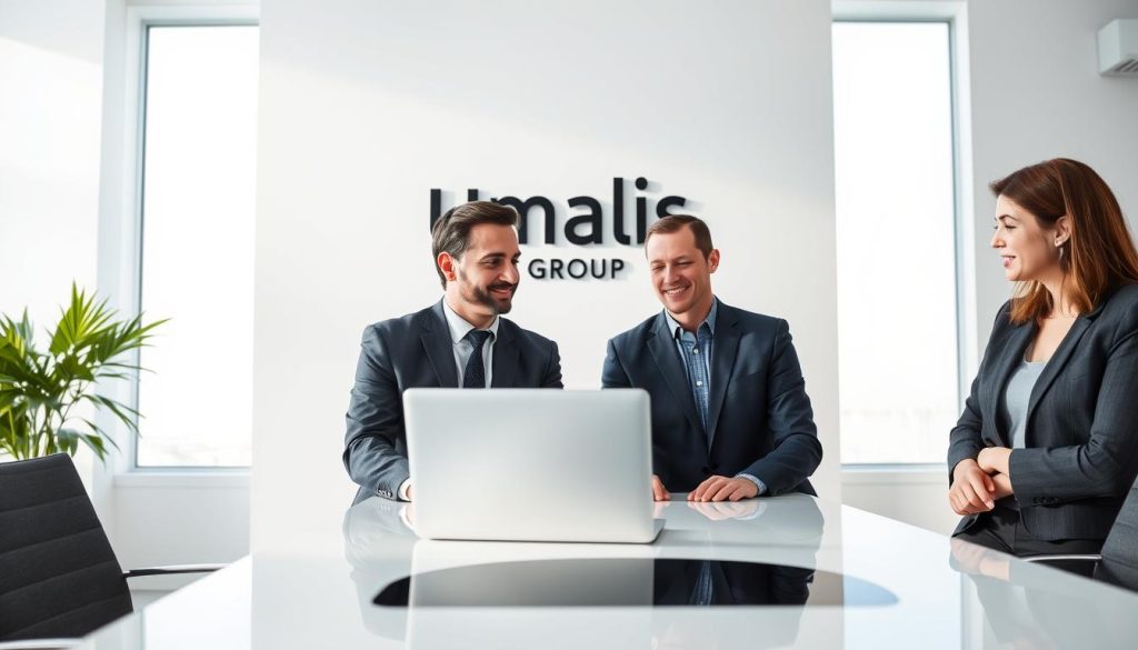 A well-lit, high-resolution image of two professionals in a business meeting discussing "portage salarial", the Umalis Group's flexible employment solution. The foreground shows the two individuals, one in a suit and the other in business casual attire, engaged in an animated discussion over a laptop on a sleek, modern desk. The middle ground features a large Umalis Group logo prominently displayed on the wall, establishing the corporate setting. The background depicts a minimalist office environment with large windows allowing natural light to flood the space, creating a professional and productive atmosphere.