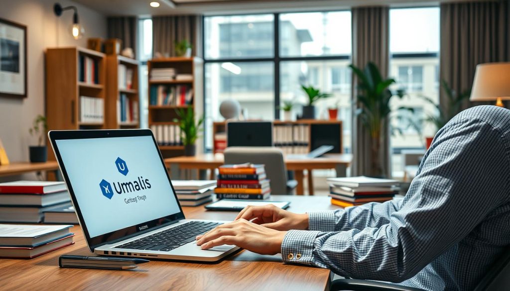 A well-lit, high-resolution image showcasing the essential skills for successful freelance translation under a portage salarial arrangement. In the foreground, an experienced translator sits at a modern desk, hands typing on a sleek laptop emblazoned with the Umalis Group logo. The middle ground features various translation tools and resources, including dictionaries, style guides, and computer-assisted translation software. The background depicts a professional office environment with tasteful decor, abundant natural light, and a sense of focus and productivity. The overall mood conveys expertise, efficiency, and the advantages of the portage salarial model for translators seeking security and flexibility.