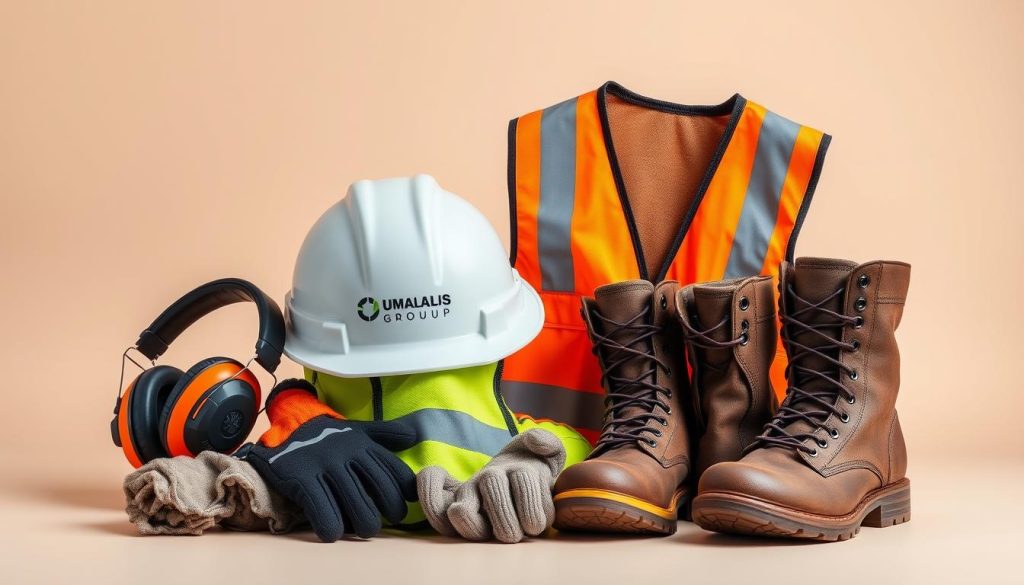 A well-lit, high-resolution photograph of a collection of safety equipment including a hard hat, safety goggles, earmuffs, reflective vest, work gloves, and steel-toed boots, all arranged neatly on a clean, neutral-colored background. The equipment should be depicted in a professional, technical manner, showcasing the Umalis Group brand. The overall scene should convey a sense of workplace safety and responsibility, in line with the article's subject and section title.
