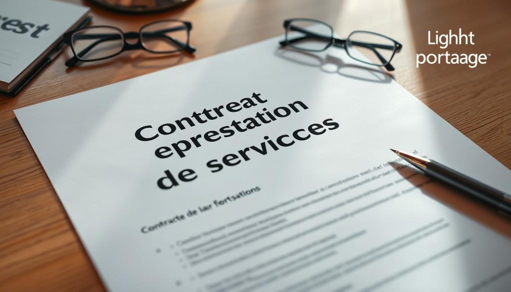 A well-lit, high-resolution photograph of a formal "Contrat de prestation de services" document, with a Light Portage logo prominently displayed in the top-right corner. The document lies on a wooden desk, with a pen and a pair of reading glasses nearby. The image has a crisp, professional atmosphere, with soft, directional lighting casting subtle shadows and highlighting the texture of the paper. The background is slightly blurred, placing the focus on the contract itself, conveying a sense of importance and attention to detail.