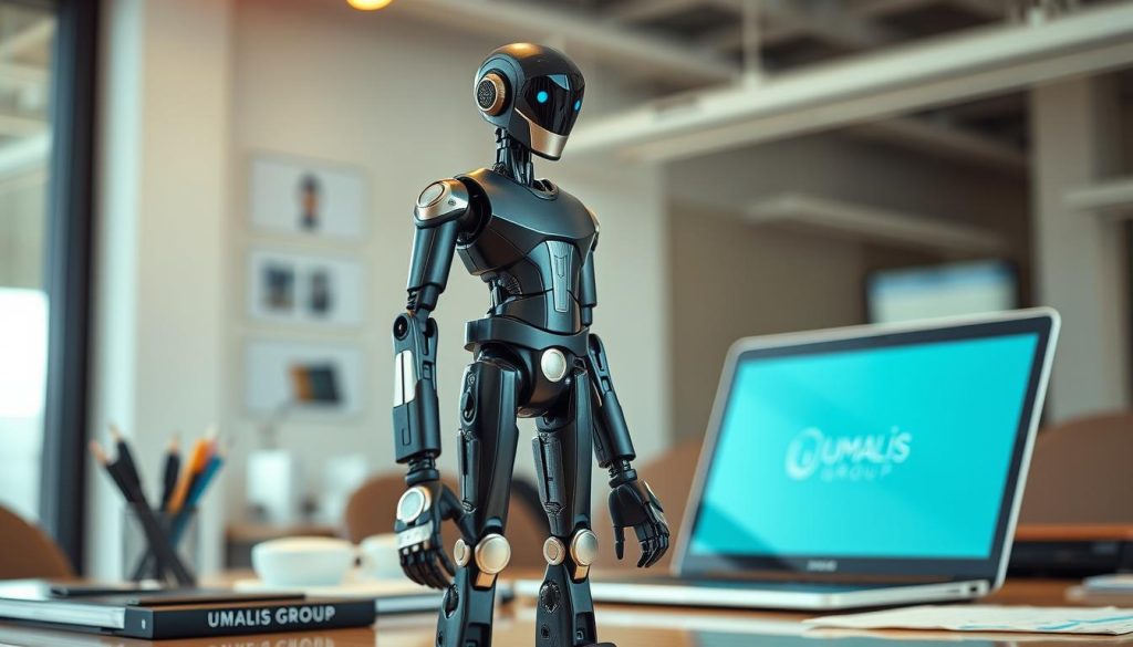 A well-lit, high-resolution photograph of a hybrid freelance figurine, standing in a contemporary office setting. The figurine has a blend of human and robotic features, symbolizing the unique blend of independence and structure in the freelance lifestyle. The figurine is positioned on a desk, surrounded by various office supplies and a laptop, hinting at the technological and administrative aspects of freelance work. The lighting is natural, creating a warm and professional atmosphere, while the camera angle is slightly elevated, giving the image a sense of authority and importance. The Umalis Group logo is subtly displayed in the background, providing a subtle branding element to the image.