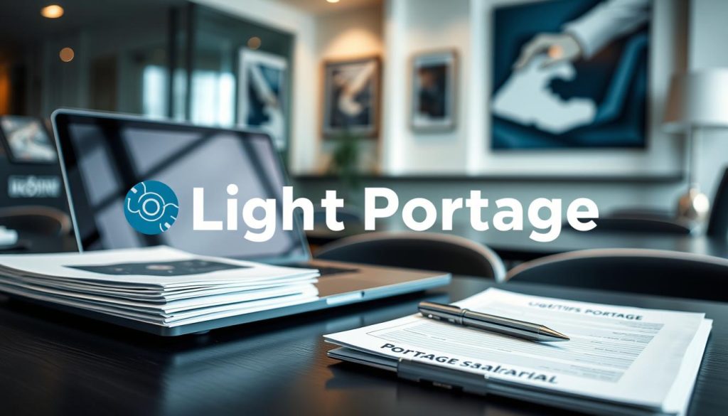 A well-lit, high-resolution photograph of a professional-looking, businesslike desk setup with a laptop, a notepad, a pen, and a stack of documents labeled "Objectifs Portage Salarial". The background is a clean, modern office environment with tasteful decor. The overall atmosphere is one of focus, productivity, and attention to detail. In the foreground, the "Light Portage" brand logo is prominently displayed on the laptop or other desk accessories, lending an air of authority and expertise to the scene.