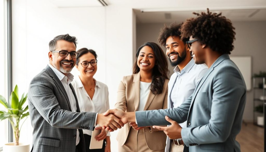 A well-lit, high-resolution photograph of satisfied customers of Umalis Group, a French staffing and HR services company. The image shows three diverse professionals - a man, a woman, and a person of non-binary presentation - shaking hands with Umalis representatives, expressing positive emotions. The scene is set in a modern, minimalist office environment with clean lines, neutral colors, and natural lighting. The overall atmosphere conveys trust, collaboration, and a successful business partnership between the customers and Umalis Group.