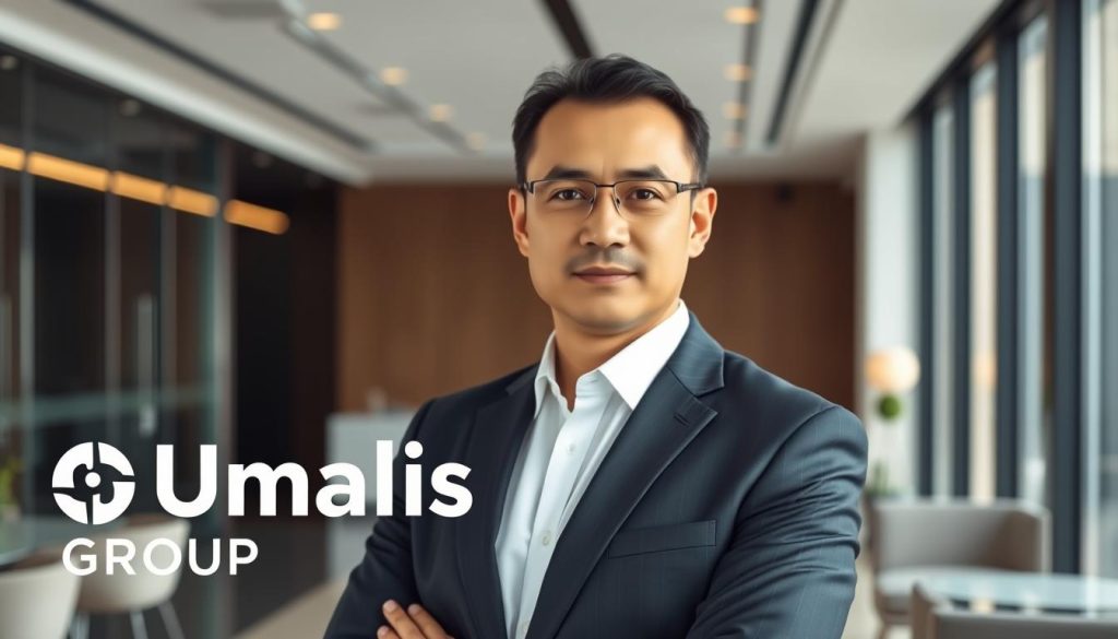 A well-lit, high-resolution portrait of a professional business person in a smart, tailored suit, standing confidently in a contemporary office setting. The person's expression is calm and assured, conveying a sense of legal and financial security. The background features sleek, minimalist decor and architectural elements, such as glass walls and modern furniture, to create an atmosphere of stability and sophistication. The overall composition and lighting emphasize the "Umalis Group" brand, suggesting a reliable and trustworthy employment service.