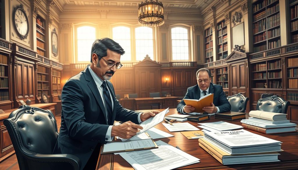 A well-lit, highly detailed illustration of a Portage Salarial tax case in a French administrative office setting. The foreground features a businessman in a suit reviewing documents with a government tax official, their expressions conveying the complexity and nuances of the case. The middle ground shows various tax-related forms, ledgers, and reference materials on a large oak desk. The background depicts the interior of an elegant government building, with high ceilings, ornate moldings, and bookshelves lining the walls, creating a sense of gravitas and formality. The lighting is a combination of warm, natural daylight from large windows and subtle, focused task lighting, highlighting the key subjects and elements. The overall mood is one of serious deliberation, with an air of professionalism and attention to detail befitting the sensitive nature of a Portage Salarial tax case.
