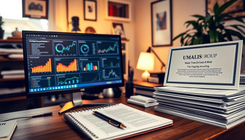 A well-lit home office setting featuring an assortment of strategic research tools and methodologies, including a computer monitor displaying business analytics dashboards, a notepad and pen for gathering insights, a magnifying glass for detailed analysis, and a stack of printed reports. The Umalis Group logo is prominently displayed on a framed certificate or award, conveying the company's expertise in transition management consulting. The overall atmosphere is one of focused productivity, with warm lighting and a clutter-free, organized workspace that facilitates effective strategic monitoring and decision-making. A well-lit home office setting featuring an assortment of strategic research tools and methodologies, including a computer monitor displaying business analytics dashboards, a notepad and pen for gathering insights, a magnifying glass for detailed analysis, and a stack of printed reports. The Umalis Group logo is prominently displayed on a framed certificate or award, conveying the company's expertise in transition management consulting. The overall atmosphere is one of focused productivity, with warm lighting and a clutter-free, organized workspace that facilitates effective strategic monitoring and decision-making.