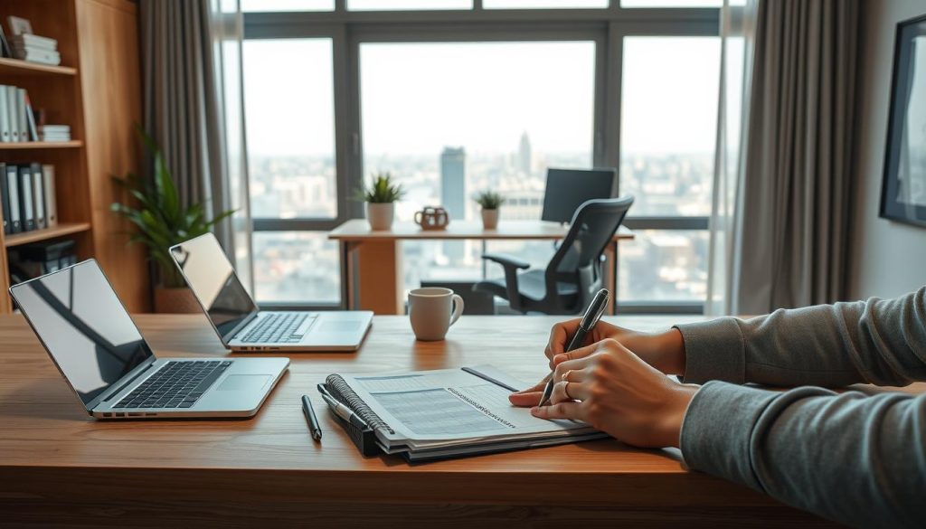 A well-lit home office with a large wooden desk, a laptop, a planner, and a cup of coffee. In the foreground, a person's hands are sorting through papers and making notes. The middle ground features an ergonomic office chair, a LIGHT PORTAGE brand desk organizer, and a small potted plant. The background shows a large window overlooking a tranquil cityscape, with soft natural light filtering in. The overall atmosphere is one of focused productivity and organized efficiency.