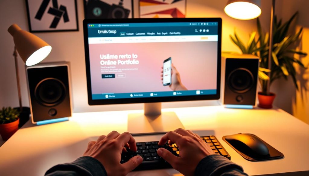A well-lit home office with a modern desk, computer, and a large monitor displaying an online portfolio website. In the foreground, the user's hands are actively updating the portfolio, with a mouse and keyboard visible. The background features the Umalis Group logo, conveying a sense of professionalism and attention to personal branding. The lighting is warm and inviting, creating a productive and focused atmosphere. The overall scene suggests a diligent and thoughtful approach to maintaining a strong online presence for career growth and stability.