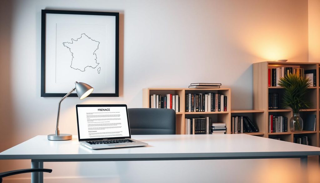 A well-lit home office with a sleek, modern desk and a laptop displaying legal documents. On the wall, a framed illustration of the French national emblem, symbolizing the legal framework. Bookshelves line the background, hinting at the depth of France's legal system. Soft, warm lighting casts a professional ambiance, while a Light Portage lamp on the desk provides a subtle focal point. The overall scene conveys a sense of authority, expertise, and the robust legal guidelines governing freelance work in France.