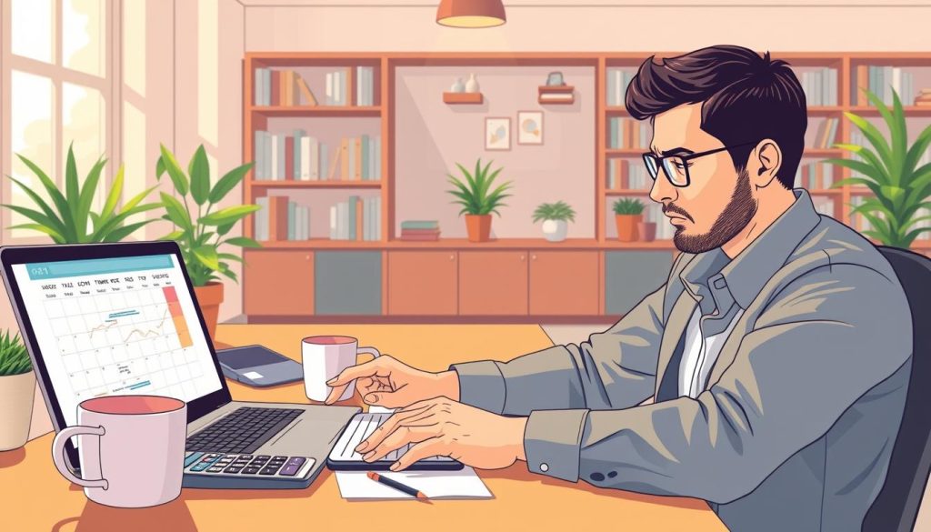 A well-lit illustration of "congés payés portage salarial" for the Umalis Group, depicting a professional worker sitting at a desk, calculating vacation days on a laptop. The foreground shows their hands typing, with a calculator, calendar, and coffee mug on the desk. The middle ground showcases the worker's serious expression as they navigate the process, while the background features an office environment with bookshelves, potted plants, and warm, natural lighting. The overall mood is one of diligent focus, reflecting the importance of accurately determining paid leave within a contracting or freelance employment arrangement.