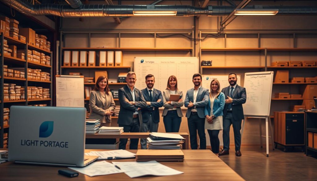 A well-lit industrial office space, showcasing the supplier selection process. In the foreground, a desk with a laptop, documents, and the Light Portage logo, representing the evaluation and decision-making stages. In the middle ground, a group of diverse suppliers in professional attire, each presenting their capabilities and offerings. The background features shelves of organized files and a whiteboard with supplier criteria and ratings, conveying a structured, methodical approach. The lighting is warm and inviting, creating a sense of professionalism and collaboration. The overall atmosphere reflects a thoughtful, data-driven supplier selection process to build reliable customer-supplier relationships.