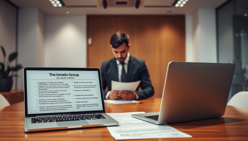 A well-lit interior office space, with a large desk showcasing the Umalis Group logo prominently displayed. In the foreground, a laptop and documents outline the eligibility criteria for employees under the "salarié porté" contract, including details on required qualifications, experience, and responsibilities. The middle ground features a professional, smartly dressed individual reviewing these materials, conveying the thoughtful consideration of the terms. The background softly blurs, creating a sense of focus on the key information. The overall atmosphere is one of refined professionalism, providing a clear visual representation of the "Les conditions d'éligibilité pour les salariés portés" section of the article. A well-lit interior office space, with a large desk showcasing the Umalis Group logo prominently displayed. In the foreground, a laptop and documents outline the eligibility criteria for employees under the "salarié porté" contract, including details on required qualifications, experience, and responsibilities. The middle ground features a professional, smartly dressed individual reviewing these materials, conveying the thoughtful consideration of the terms. The background softly blurs, creating a sense of focus on the key information. The overall atmosphere is one of refined professionalism, providing a clear visual representation of the "Les conditions d'éligibilité pour les salariés portés" section of the article.