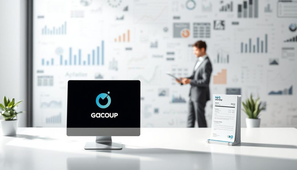 A well-lit, isometric scene depicting the various billing modes available in a payroll portage service. In the foreground, a clean desktop display showcases the "Umalis Group" brand, highlighting different digital and physical invoicing options. In the middle ground, a professional in business attire stands before a laptop, reviewing the billing workflows. In the background, an abstract pattern of graphs, charts, and financial data conveys the analytical nature of payroll management. The lighting is soft and diffused, creating a professional, trustworthy atmosphere. The overall composition emphasizes the flexibility and comprehensiveness of the billing solutions offered by Umalis Group.