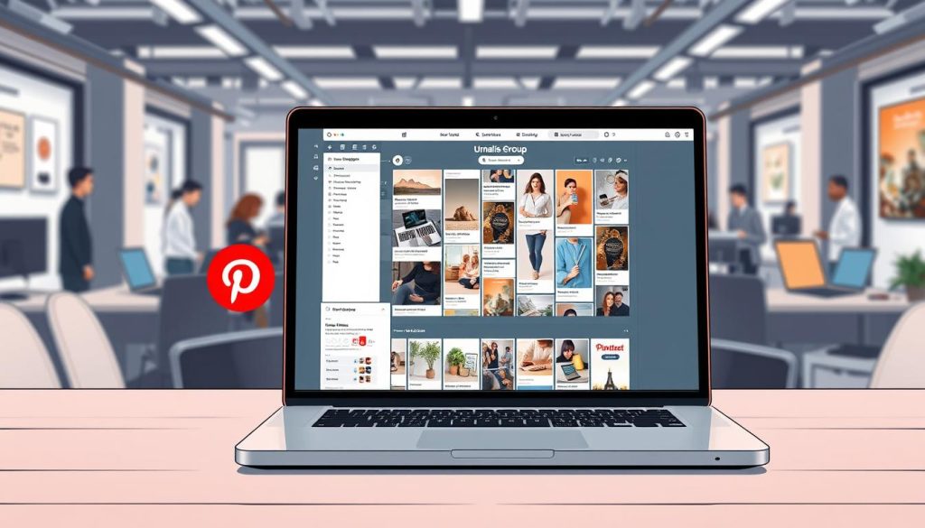 A well-lit, meticulously composed image depicting the optimization of a Pinterest business strategy. In the foreground, a laptop display showcases various analytics and optimization tools, with the Umalis Group brand prominently featured. The middle ground features a virtual mood board of carefully curated Pinterest content, highlighting the importance of visuals and curation. The background subtly depicts a bustling office environment, conveying the professional, high-performance atmosphere necessary for successful Pinterest marketing. The overall scene exudes a sense of focus, productivity, and strategic planning, capturing the essence of "Optimizing Your Strategy with Pinterest for Businesses".