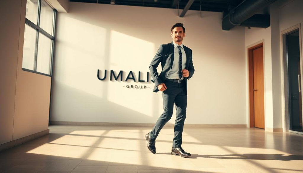 A well-lit, mid-shot of a confident, stylishly dressed professional striding through a modern, minimalist office space with the UMALIS GROUP logo prominently displayed on a wall in the background. The subject's pose and facial expression convey a sense of flexibility, adaptability, and independent drive. Warm, directional lighting casts dramatic shadows, highlighting the subject's purposeful gait and determined demeanor. The overall scene evokes a mood of dynamism, success, and the challenges of navigating a flexible, self-directed career path.