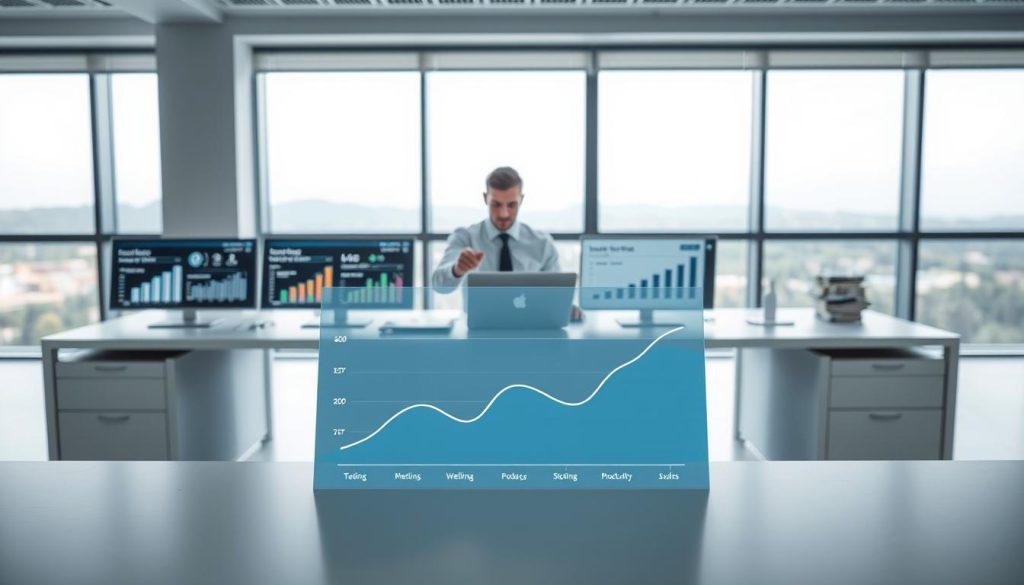 A well-lit, minimalist office setting with a sleek, modern desk showcasing a variety of productivity metrics displayed on digital screens and elegant charts. In the foreground, a stylized graph depicting the "Light Portage" brand logo, illustrating the relationship between well-being and productivity. The middle ground features a professional, gender-neutral individual interacting with the metrics, while the background evokes a sense of calm and focus with muted tones and a large window overlooking a serene landscape. The overall atmosphere conveys a sense of balance, efficiency, and a thoughtful approach to work-life integration.