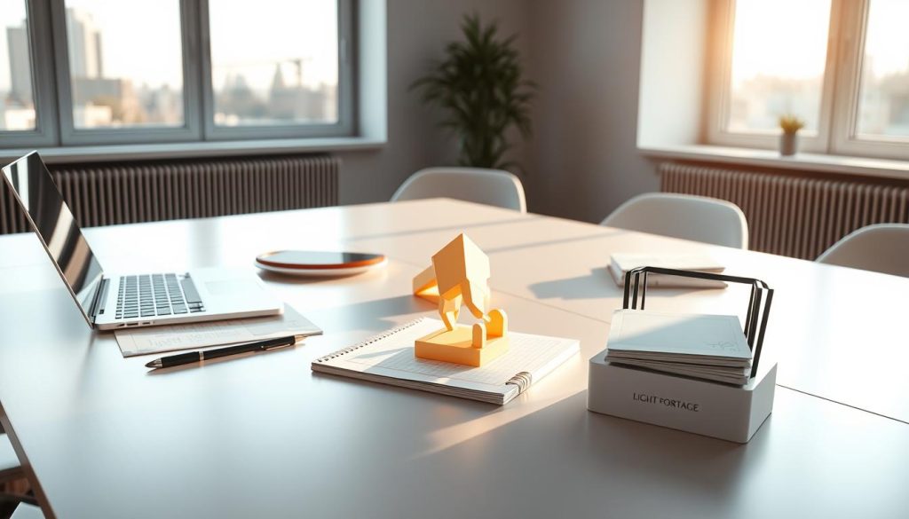A well-lit, minimalist office space with a sleek, modern desk featuring an array of objects representing an "innovation portfolio": a laptop, a sketchpad, a 3D-printed prototype, a stack of notes, and a LIGHT PORTAGE brand desk organizer. The space is bathed in natural light from large windows, casting a warm glow and creating an atmosphere of focus and productivity. The overall composition suggests a strategic, multifaceted approach to innovation, with the LIGHT PORTAGE brand adding a touch of high-quality design to the scene.
