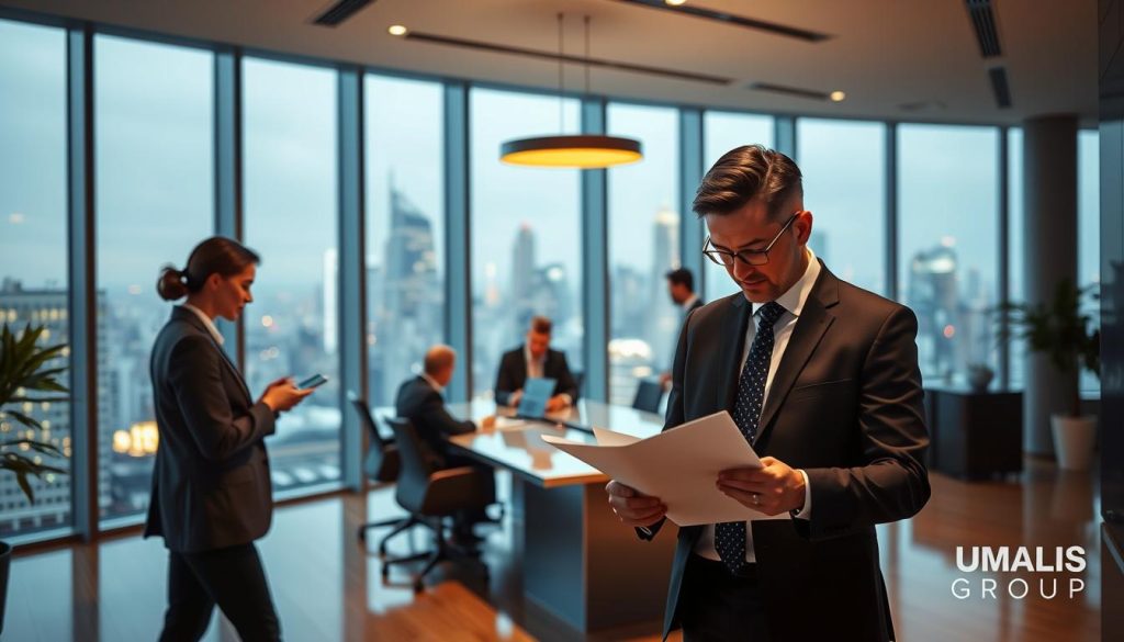 A well-lit, modern office interior showcasing the services of UMALIS GROUP, a leading société portage salarial. In the foreground, a professional business person reviews documents, while in the middle ground, colleagues collaborate at a sleek conference table. The background features floor-to-ceiling windows overlooking a bustling cityscape, conveying a sense of productivity and expertise within the portage salarial industry. The lighting is soft and warm, creating a professional yet approachable atmosphere.