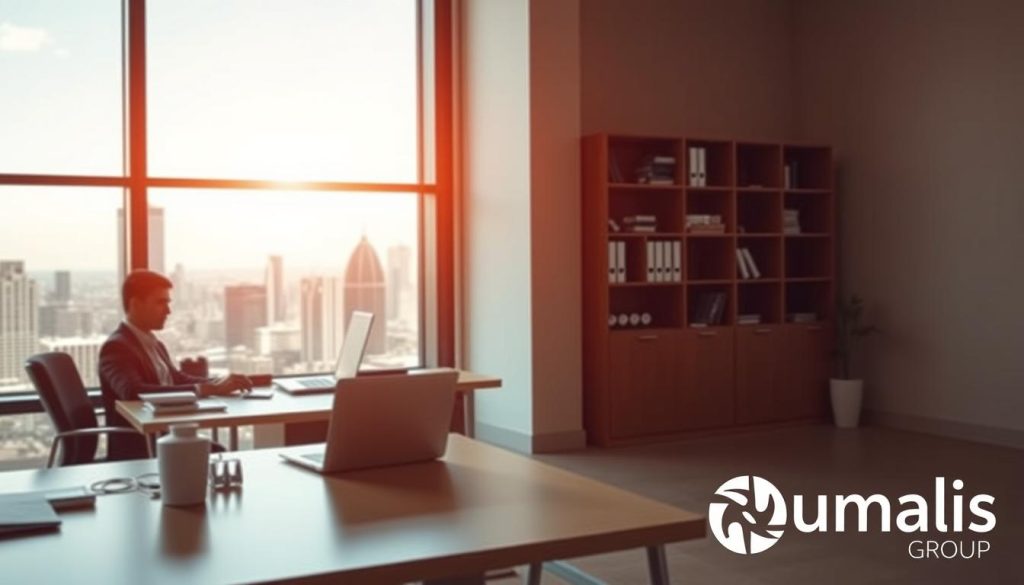 A well-lit, modern office interior with a desk, laptop, and various work-related accessories. In the foreground, a person in business attire is sitting at the desk, engaged in work. Behind them, a large window provides a view of a bustling city skyline. The scene conveys a sense of productivity and professionalism. In the bottom right corner, the Umalis Group logo is discreetly displayed.