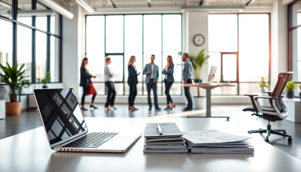 A well-lit, modern office interior with a focus on the flexibility and work-life balance offered by the Umalis Group's salarial portage service. In the foreground, a laptop and documents symbolize the ease of remote work, while a standing desk and ergonomic chair highlight the importance of employee comfort. The middle ground showcases a group of professionals collaborating, conveying the collaborative nature of the salarial portage model. The background features large windows, allowing natural light to flood the space and create a serene, productive atmosphere. The overall mood is one of professionalism, productivity, and work-life harmony. A well-lit, modern office interior with a focus on the flexibility and work-life balance offered by the Umalis Group's salarial portage service. In the foreground, a laptop and documents symbolize the ease of remote work, while a standing desk and ergonomic chair highlight the importance of employee comfort. The middle ground showcases a group of professionals collaborating, conveying the collaborative nature of the salarial portage model. The background features large windows, allowing natural light to flood the space and create a serene, productive atmosphere. The overall mood is one of professionalism, productivity, and work-life harmony.