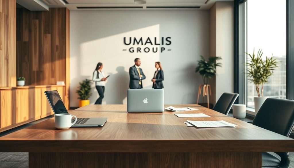 A well-lit, modern office interior with a large, wooden desk in the foreground. On the desk, a laptop, a cup of coffee, and some paperwork, creating a sense of a professional workspace. In the middle ground, several employees dressed in business attire are engaged in discussion, illustrating the collaborative nature of the "société portage salarial" concept. The background features floor-to-ceiling windows, providing a bright and airy atmosphere. The UMALIS GROUP logo is prominently displayed on the wall, indicating the provider of the "portage salarial" service.