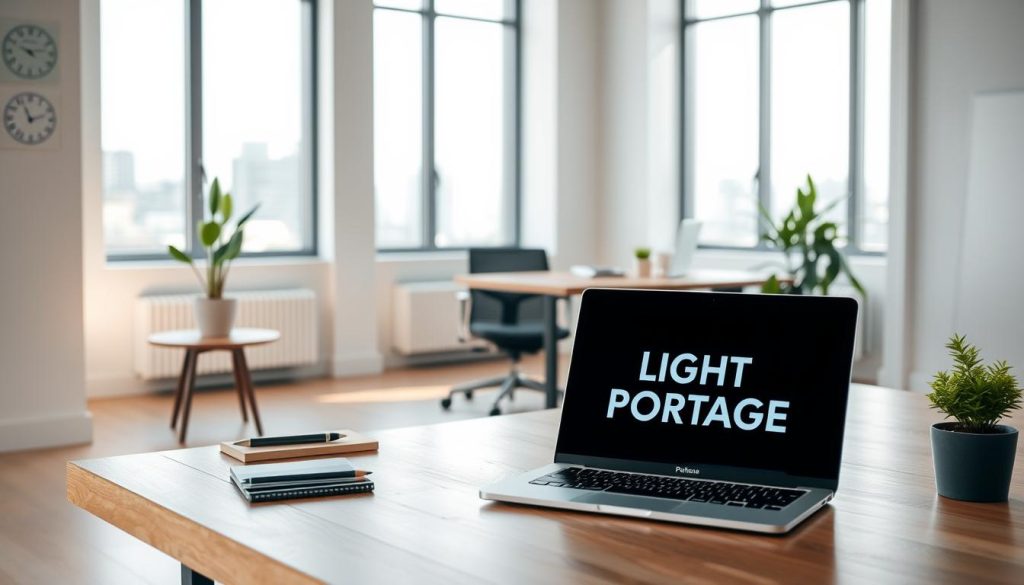 A well-lit, modern office interior with a minimalist, Scandinavian-inspired design. In the foreground, a sleek, wooden desk with a LIGHT PORTAGE laptop and stationery items. In the middle ground, a modern office chair and a potted plant on a side table. The background features large windows overlooking a cityscape, with soft, natural lighting filtering in. The overall atmosphere is one of productivity, professionalism, and entrepreneurial spirit, reflecting the process of starting a new business.
