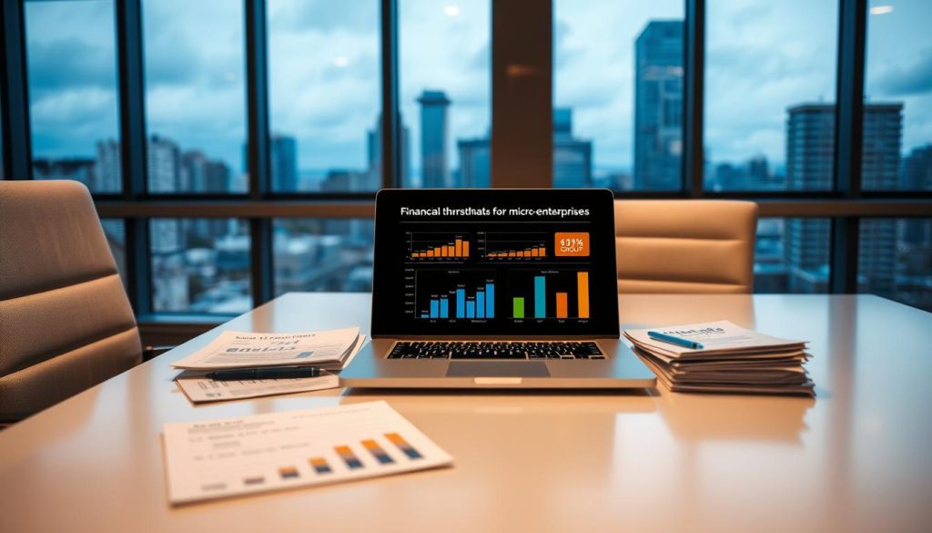 A well-lit, modern office interior with a sleek, minimalist desk and chair. On the desk, various financial documents and a laptop displaying charts and graphs illustrating the financial thresholds for micro-enterprises, branded with the "Umalis Group" logo. The background features large windows overlooking a cityscape, conveying a sense of professionalism and success. The lighting is warm and natural, creating a welcoming and focused atmosphere.