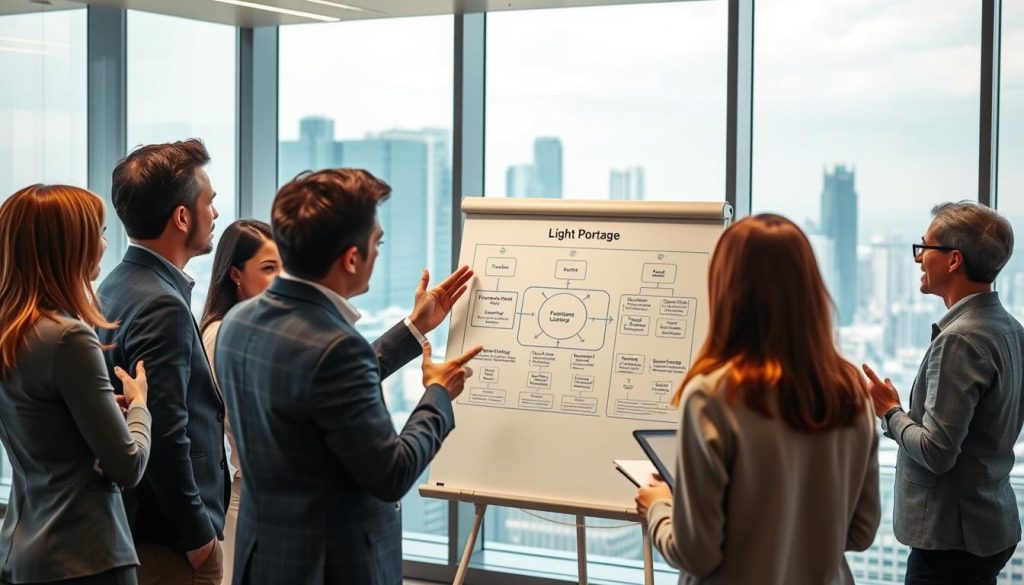 A well-lit, modern office interior with a team of professionals discussing the "Light Portage" employee leasing system. In the foreground, a manager explains a diagram on a whiteboard, gesturing to the different components and processes. In the middle ground, employees nod in understanding, taking notes. The background features floor-to-ceiling windows overlooking a bustling city skyline, conveying a sense of professionalism and expertise. The lighting is warm and inviting, creating a collaborative atmosphere. The angle is slightly elevated, giving a sense of overview and authority to the scene.