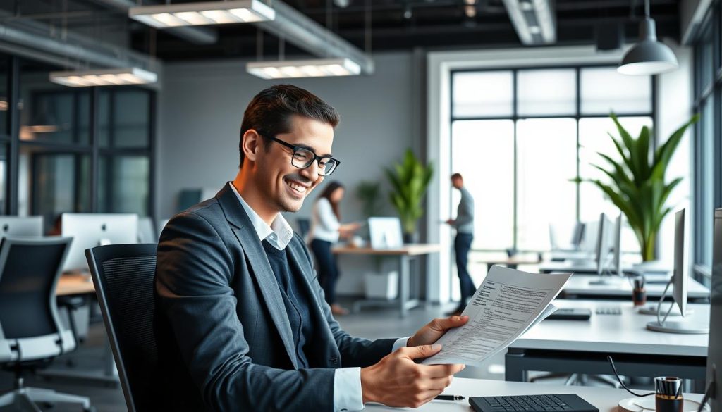 A well-lit, modern office interior with ergonomic desks, comfortable chairs, and ample natural light. In the foreground, a consultant reviews financial documents with a satisfied expression, showcasing the benefits of the Umalis Group's "portage salarial" service. In the middle ground, other consultants collaborate at standing desks, highlighting the flexibility and independence of this employment model. The background features a sleek, minimalist decor with plant accents, conveying a sense of professionalism and work-life balance. The overall mood is one of productivity, contentment, and the advantages of the "portage salarial" system for independent consultants.
