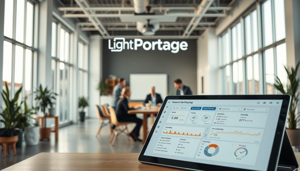 A well-lit, modern office scene depicting the user interface and features of a "Light Portage" software application for managing temporary staffing and payroll. The application's logo and branding are prominently displayed. In the foreground, a tablet or laptop shows the dashboard with key metrics, scheduling, and timesheet tools. In the middle ground, a team of professionals collaborates around a conference table, discussing the software. The background showcases an airy, minimalist workspace with large windows, plenty of natural light, and clean, Scandinavian-inspired design. The overall atmosphere conveys efficiency, professionalism, and the streamlining of temporary staffing and payroll processes.