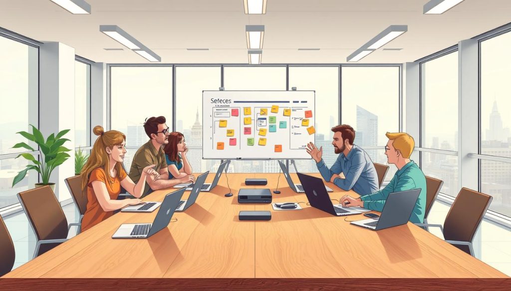 A well-lit, modern office scene featuring a collaborative workspace. In the foreground, a large wooden table with sleek, minimalist laptops, tablets, and wireless peripherals. Colleagues brainstorm ideas, gesturing animatedly. Soft, diffused lighting from overhead fixtures creates a warm, productive atmosphere. In the middle ground, a large whiteboard displays colorful diagrams and sticky notes, capturing the team's workflow. The background showcases floor-to-ceiling windows overlooking a city skyline, blending the virtual and physical realms. An ergonomic, clutter-free environment that inspires creativity and efficient remote work.